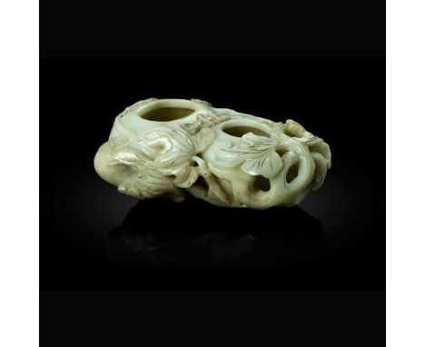 PALE CELADON JADE 'DOUBLE-GOURD' BRUSH WASHER QING DYNASTY, 19TH CENTURY   清 青白玉雕葫蘆型筆洗 naturalistically carved in the form of