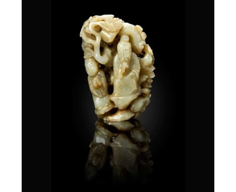 CELADON JADE CARVING OF A MOUNTAIN WITH IMMORTALS AND RABBITS MING DYNASTY, 17TH CENTURY   明 青玉雕仙人玉兔山子 carved reticulated on 