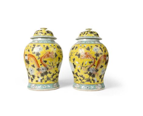 PAIR OF GRISAILLE-DECORATED YELLOW-GROUND 'DRAGON' LIDDED VASES  QING DYNASTY, 19TH CENTURY   清 黃地墨彩穿花龍紋蓋瓶（共兩件） each baluster