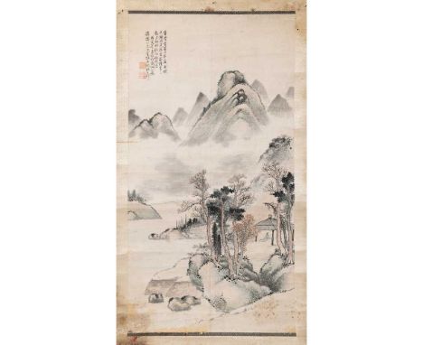 INK SCROLL 'HERMIT AND LANDSCAPE' PAINTING SIGNED SHEN ZHENSAN  沈振三 高士山水圖 紙本設色 立軸款識: 東常書畫十年成，百煉千錘作見▢，宋畫備書三數月，何能脫俗稱明傳。(?) 戊寅冬月
