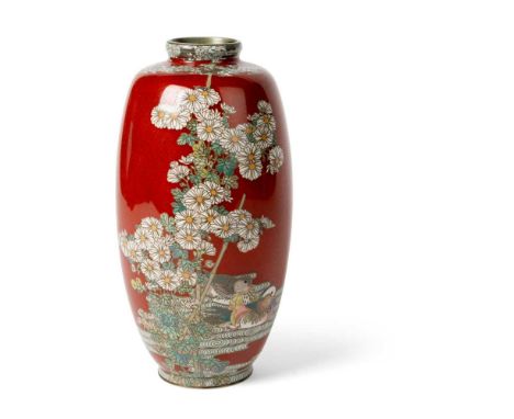 CLOISONNÉ ENAMEL VASE MEIJI PERIOD, BY OTA JIN’NOE (1858-1907)  明治 「太田造」款 銅胎掐絲琺瑯鴛鴦菊紋瓶 of oval form, decorated with a pair of 