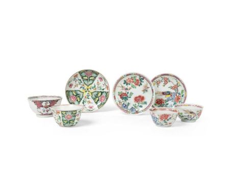 GROUP OF SEVEN FAMILLE ROSE SAUCERS AND CUPS QING DYNASTY, 18TH CENTURY   清 各色外銷粉彩花鳥紋杯及盞（共七件） comprising: three sets of cups 