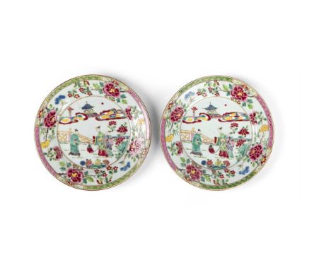 PAIR OF FAMILLE ROSE 'LADY AND MOON' PLATES  QING DYNASTY, YONGZHENG PERIOD   清雍正 粉彩美人賞月圖折沿盤（共兩件） each finely painted on the 