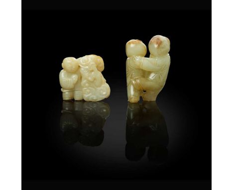 TWO JADE CARVINGS OF BOYS AT PLAY QING DYNASTY, 18TH-19TH CENTURY    清 青白玉雕祥龍童子及和合二仙把件（共兩件） one carved in the form of a stand