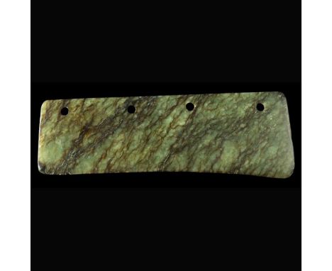 JADE SCEPTRE  SHANG TO WESTERN ZHOU DYNASTY   商至西周 碧玉斧 based upon the shape of a stone reaping knife, with four apertures  Di