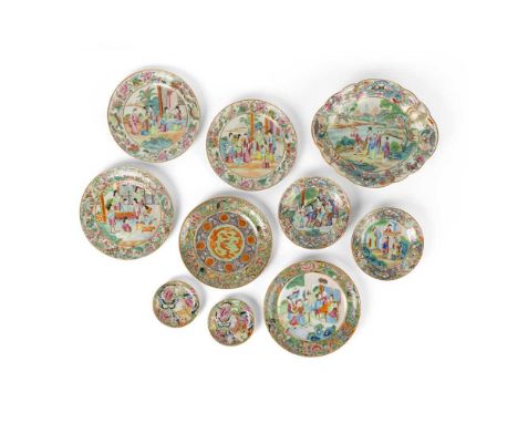 GROUP OF TEN CANTON FAMILLE ROSE PLATES AND SAUCERS QING DYNASTY, 19TH CENTURY   清 各色廣彩瓷盤（共十件） comprising: one circular plate