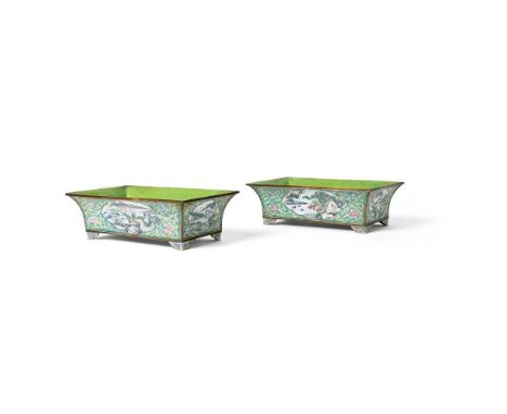 PAIR OF PAINTED ENAMEL JARDINERE QING DYNASTY, 19TH CENTURY   清 廣東畫琺瑯開光山水人物文長方盆（共兩件） each of rectangular form, the body suppo