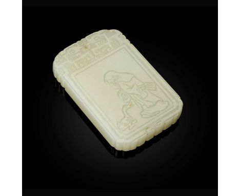 WHITE JADE 'LITERATI AND GOOSE' PLAQUE QING DYNASTY, 19TH CENTURY   清 白玉雕羲之愛鵝玉牌 carved with an elder literatus holding a fan 