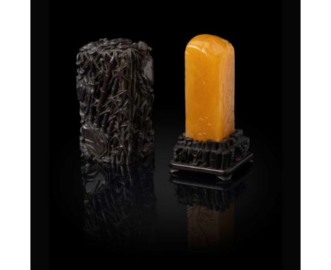 SOAPSTONE SQUARE SEAL   壽山石雕梅樹紋方章 帶透雕竹林靈芝紋木蓋盒印文：雪堂羅振玉印 each side finely carved in low relief with a continuous scene of a lar