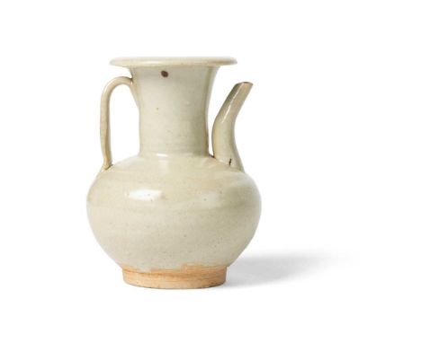 CELADON-GLAZED EWER NORTHERN SONG DYNASTY   北宋 青釉執壺 raised on a ring foot to a globular body and a trumpet-form mouth, one si