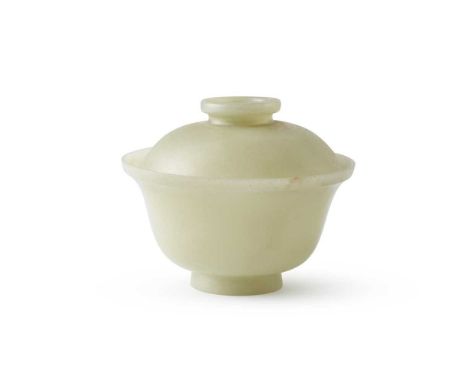 CELADON JADE TEA BOWL WITH COVER  REPUBLIC PERIOD   民國 青玉茶盞帶蓋 carved with rounded sides rising to an upturned rim, the cover 