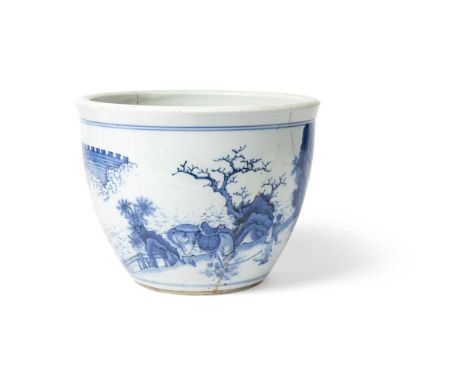 BLUE AND WHITE BASIN QING DYNASTY  清 青花仿賢圖卷缸 potted with steep slightly rounded sides, painted with a courtly figure just dis