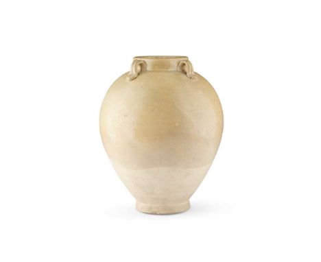 WHITE-GLAZED HANDLED JAR  TANG DYNASTY   唐 白釉四繫罐 the ovoid body supported on a short splayed foot, set on the rounded shoulde