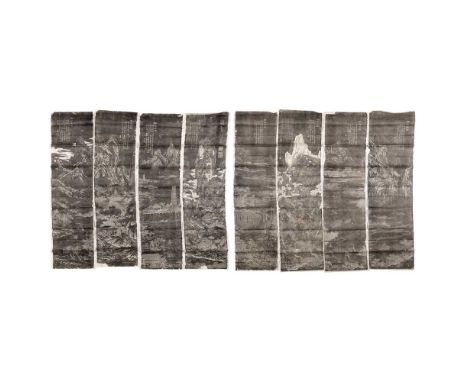 SET OF EIGHT INK RUBBINGS OF 'GUANZHONG EIGHT SIGHTS'  西安博古堂 《關中八景》拓片 紙本水墨（一組八幅） ink on eight leaves of paper, by 'Xi An Bogu