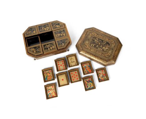 GILT-DECORATED LACQUER OCTAGONAL GAME BOX QING DYNASTY, 19TH CENTURY   清 外銷描金閣樓人物及撲克牌圖八角遊戲漆盒 of octagonal form raised on four