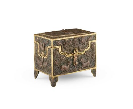 PARCEL-GILT COPPER-ALLOY REPOUSSÉ 'CHATURBHUJA LOKESHVARA' CASKET TIBET, 19TH CENTURY   西藏 十九世紀 銅合金鏨刻四臂觀音蓋盒 the rectangular h