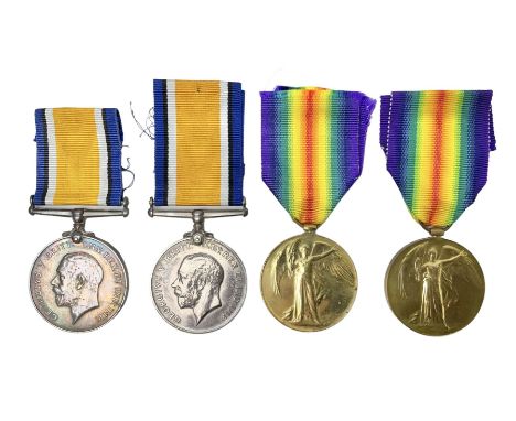 Two pairs of WW1 medals comprising British War Medal and Victory Medal awarded to 2076 Pte. J.T. Rushby Linc. R. and 18924 Pt