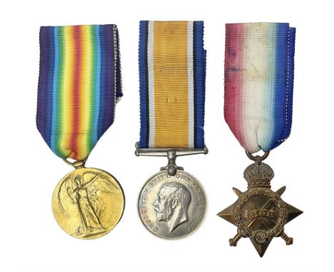 WW1 trio of medals comprising British War Medal, 1914-15 Star and Victory Medal awarded to 13708 Sjt. J.R. Wright Linc. R.; a