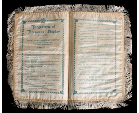 Two Royal Yacht Squadron Regatta silk commemorative programmes for the 'Grand Display of Fireworks by J, Pain &amp; Sons Ltd,