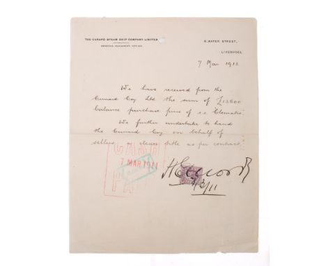 Cunard Steamship Company. A manuscript letter dated '7. Mar. 1911' for the purchase of SS 'Clematis: on letter headed paper.*