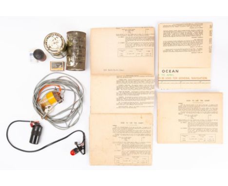 A small group of WWII period lifeboat  equipment and provisions: including an Easco lifeboat jacket light, US navy biscuits, 