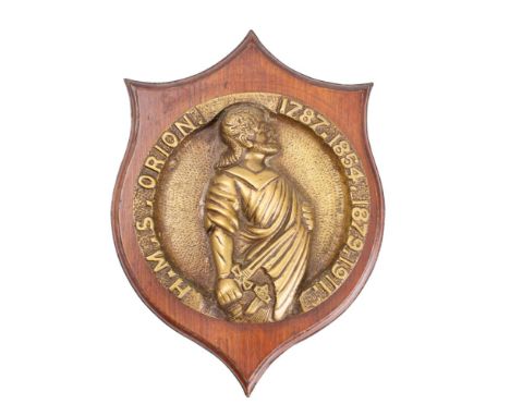 A bronze wardroom badge for the Royal Navy Orion-class dreadnought battleship HMS 'Orion': cast central figure with surroundi