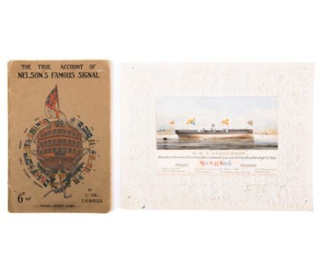 A 19th century manuscript and watercolour launch commemorative card for  HMS 'Agamemnon': with watercolour ship portrait flyi