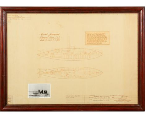 A framed print of the scale drawings for 'General Arrangement of Submarine Boats 1 to 5' ( HN Submarine 'Holland' 1): 56 x 81