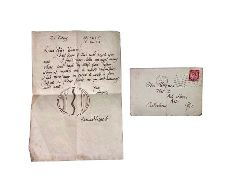 Bernard Leach, A signed letter dated 15 August 1955 ' The Pottery St. Ives C 15.VIII.55 Dear Peter Wiemer I don't know if thi