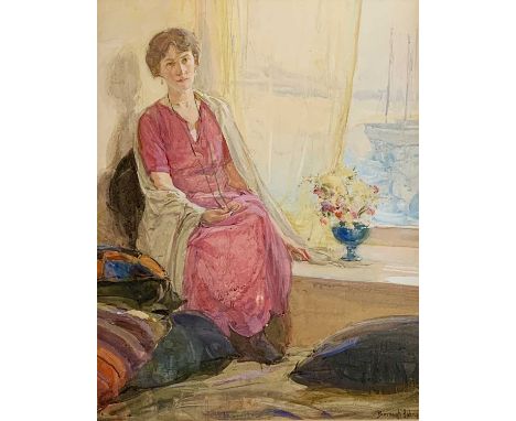 Ernest Borough JOHNSON (1866-1949)Portrait of a Lady in Pink by a Harbour View WindowWatercolourSigned45 x 35cm 