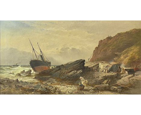 William GIBBONS (act.1858-1892)The ship Rothesay Wrecked on the Great Mewstone and the sheltering crewOil on canvasSigned and
