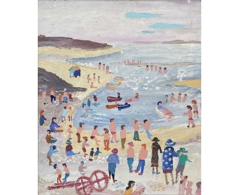 Fred YATES (1922-2008)Cornish Beach SceneOil on boardSignedInscribed 'Seascape 3' to verso48 x 41cmOriginal painted frameThe 