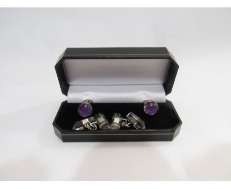 Two pairs of silver cuff links, amethyst and quartz