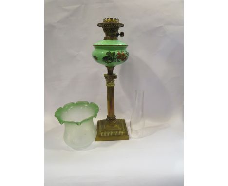 A brass Corinthian column oil lamp with acid etched shade