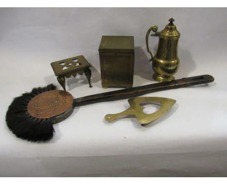 A mixed lot to include; an Arts &amp; Crafts copper hearth brush with open mouthed face one side, and closed mouth the other,