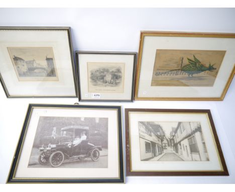 Five various framed and glazed engravings and lithographs of Norwich/Norfolk, comprising 'St. Andrew's Hall in the Olden Time