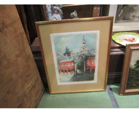 A print of Georgian building in town, signed indistinctly lower left, framed and glazed, 46cm x 35cm