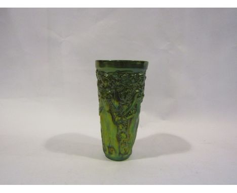 A Zsolnay Pecs lustre glazed pottery goblet with maiden and fruiting vine relief, 16cm tall