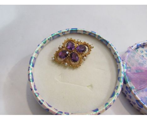 A 9ct gold and amethyst brooch set with pearls