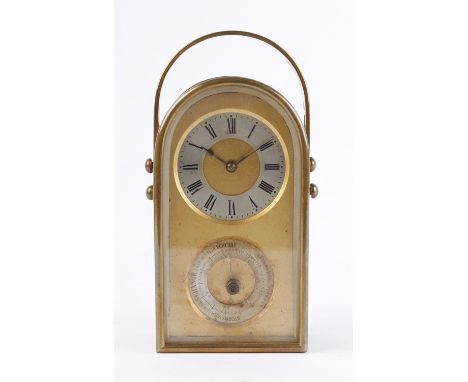 A compendium desk timepiece and barometer in a brass dome topped case, h. 15 cm CONDITION REPORT: Working order unknown and n