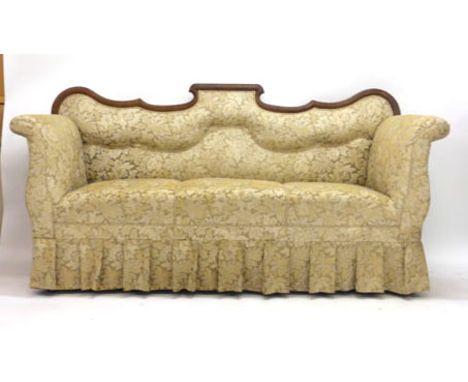 A 19th century and later walnut and upholstered sofa with scrolled arms on turned legs CONDITION REPORT: Requires reupholster