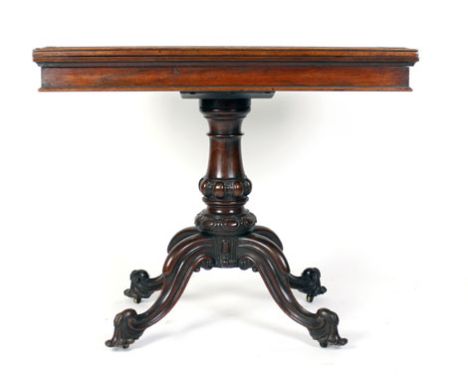 A 19th century rosewood fold-over card table on a turned column and four splayed feet, w. 91.5 cm CONDITION REPORT: Shrinkage