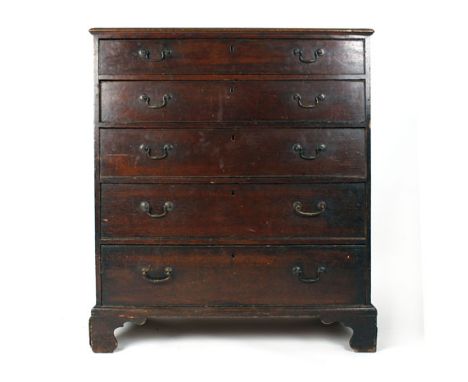 A George III and later oak chest of five graduated drawers on bracket feet, w. 107 cm CONDITION REPORT: Shrinkage and splits,