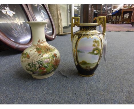 A Noritake two handled vase of urn shaped form, h. 29.5 cm, together with a vase of globular form decorated with chrysanthemu