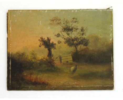 English School, 19th century,A lone sheep by a country gate,unsigned, oil on board,19 x 24.5 cm CONDITION REPORT: Loose from 