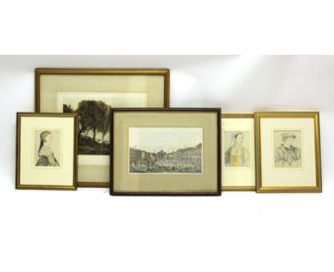 'A Perspective View of Covent Garden, 1751',inscribed in pencil,hand coloured engraving,22 x 35 cm to mount, together with an