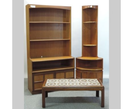 A 1970's teak standing cabinet, together with a corner cabinet, and a tile top table, 111cm