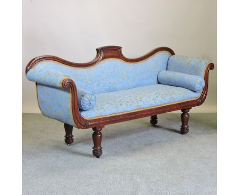 A William IV carved mahogany and blue upholstered scroll end sofa, 196cm