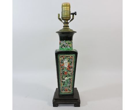 A Chinese green glazed pottery vase, converted to a lamp, 38cm tall overall