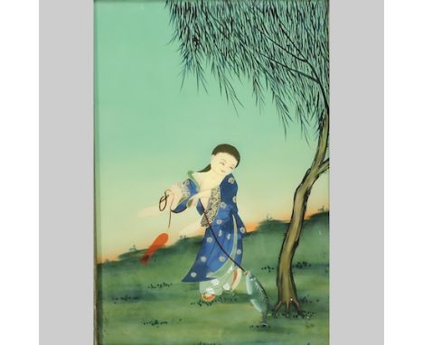 Chinese School, 20th century, portrait of a boy, reverse painting on glass, 49 x 31cm
